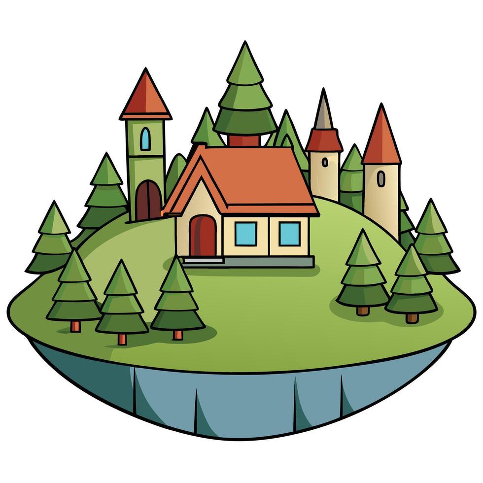 A cartoon house on an island with trees and trees vector