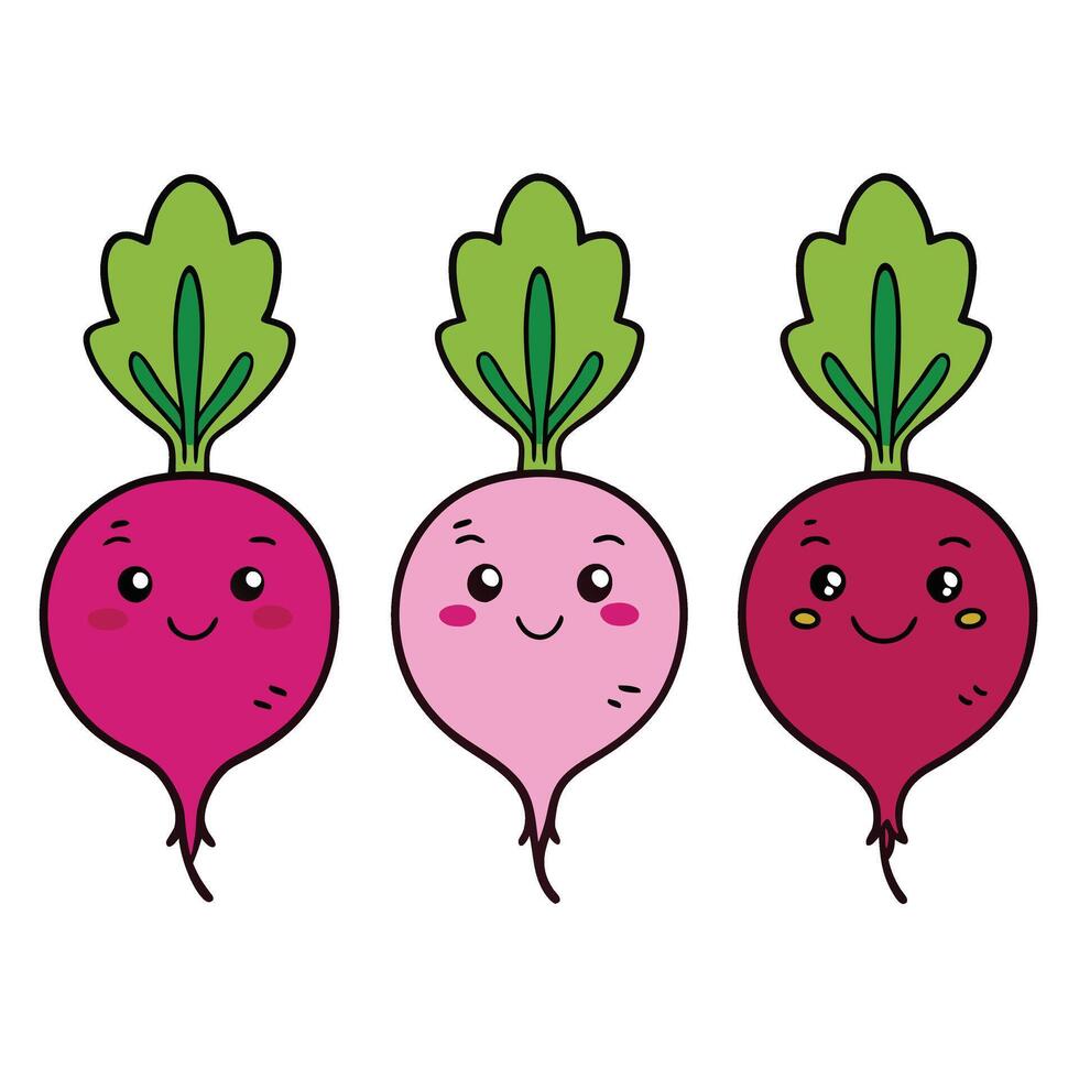 Three different types of radishes with different expressions vector