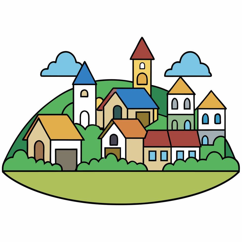 A cartoon town with houses on top of a hill vector