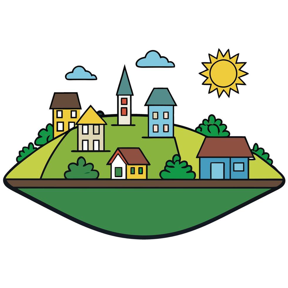 A cartoon illustration of a small town with houses and trees vector
