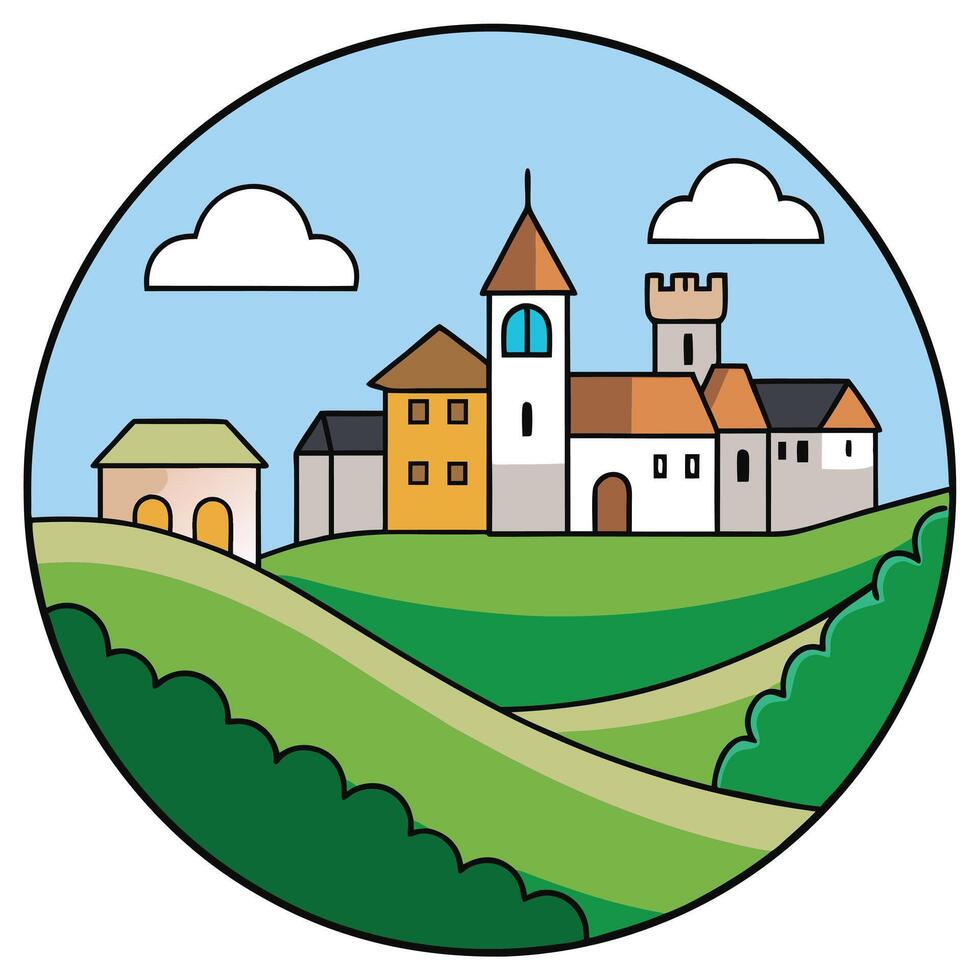 A small town with a church and a hill vector