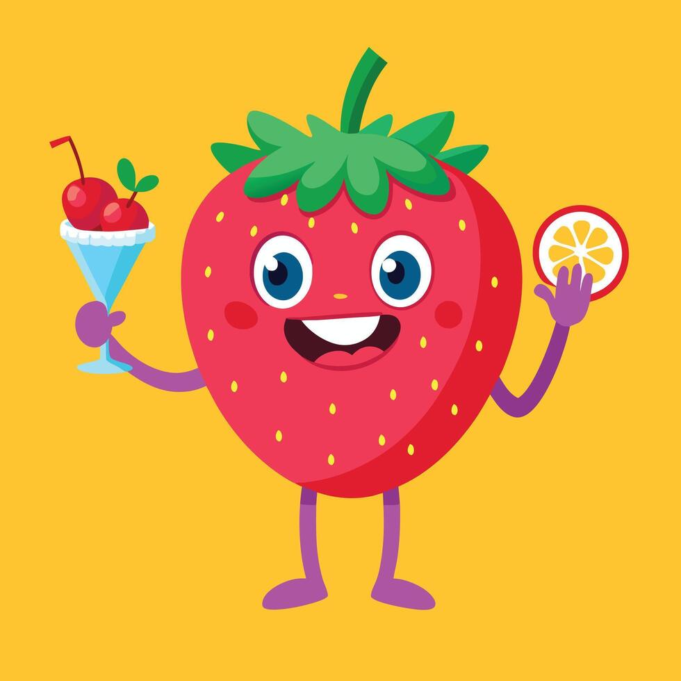 A cartoon strawberry character holding a cocktail and lemon slice vector