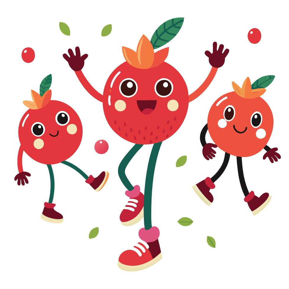Three cartoon fruit characters with arms and legs vector