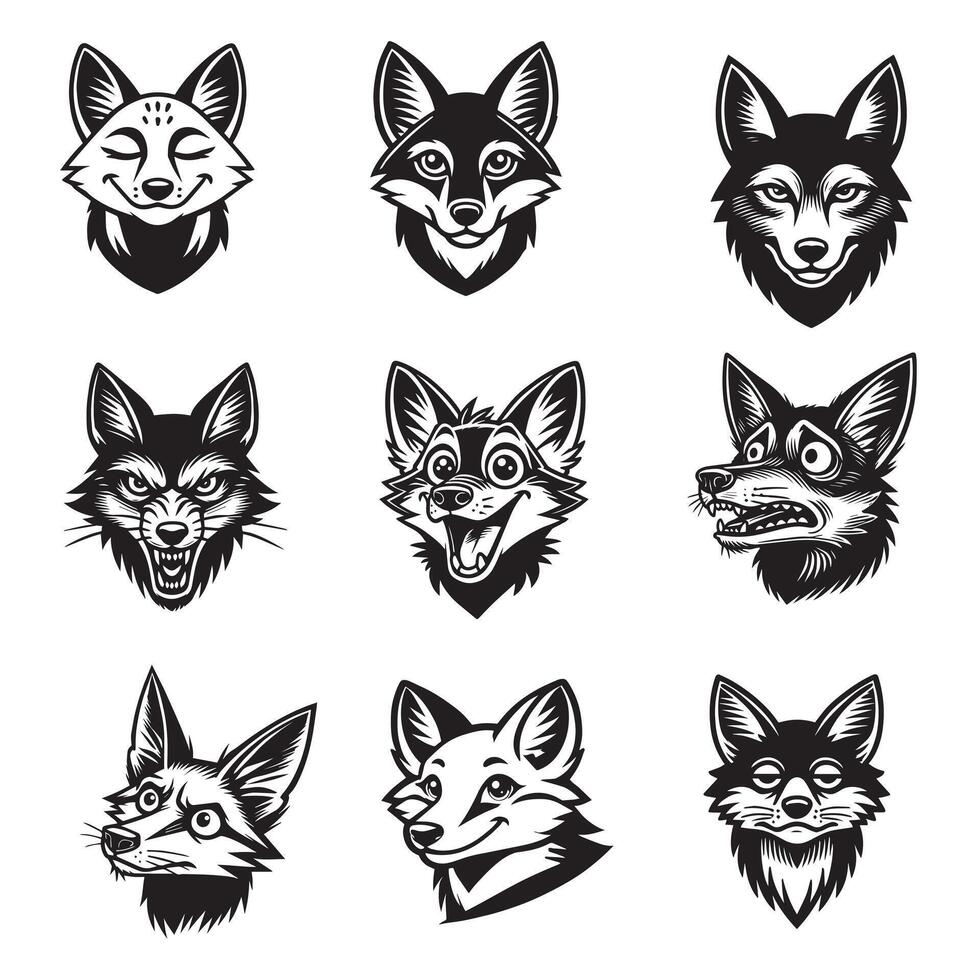 Collection of Jackal Face Outline Design - jackal illustration in black and white vector