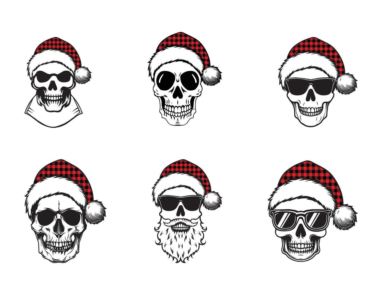 Collection of Christmas Skull isolated Design - Santa Claus Skull with Hat illustration vector