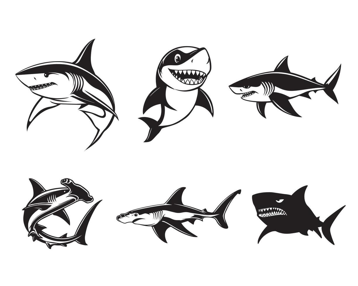 Collection of Shark Fish silhouettes Design, Hammerhead Shark illustration vector
