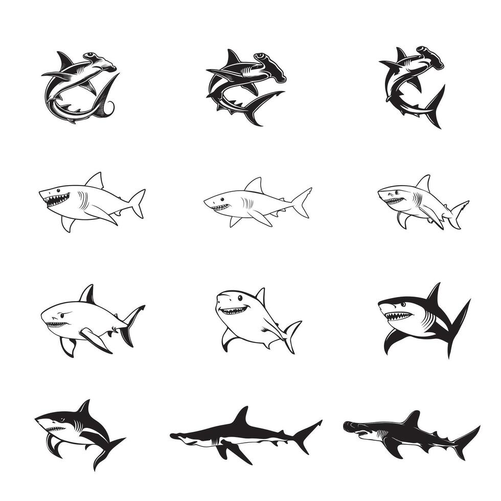 Collection of Shark Fish silhouettes Design, Hammerhead Shark illustration vector