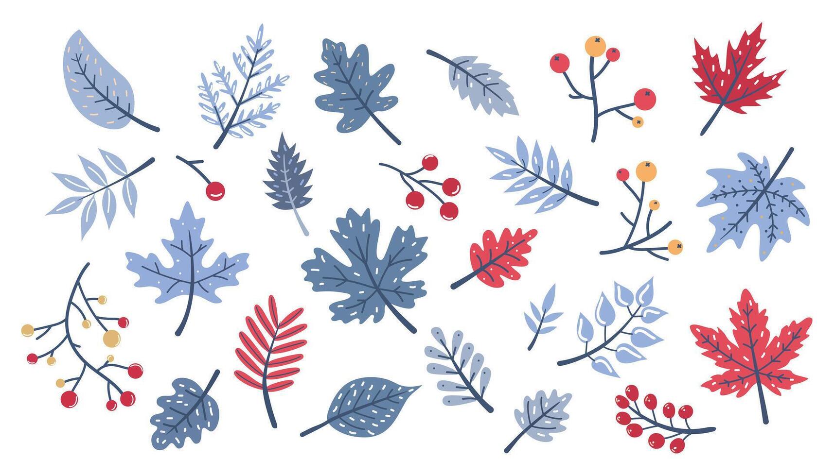 Christmas and New Year hand drawn doodle set with holly, mistletoe, fir branches, berries, snowflakes, Set of hand drawn winter plants. illustration in flat style. vector