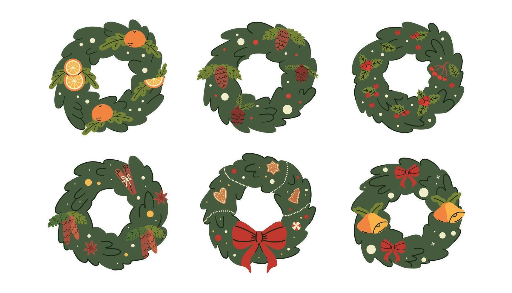 Set of Christmas wreaths. Flat design. Christmas decorations for the door. illustration on white background. vector