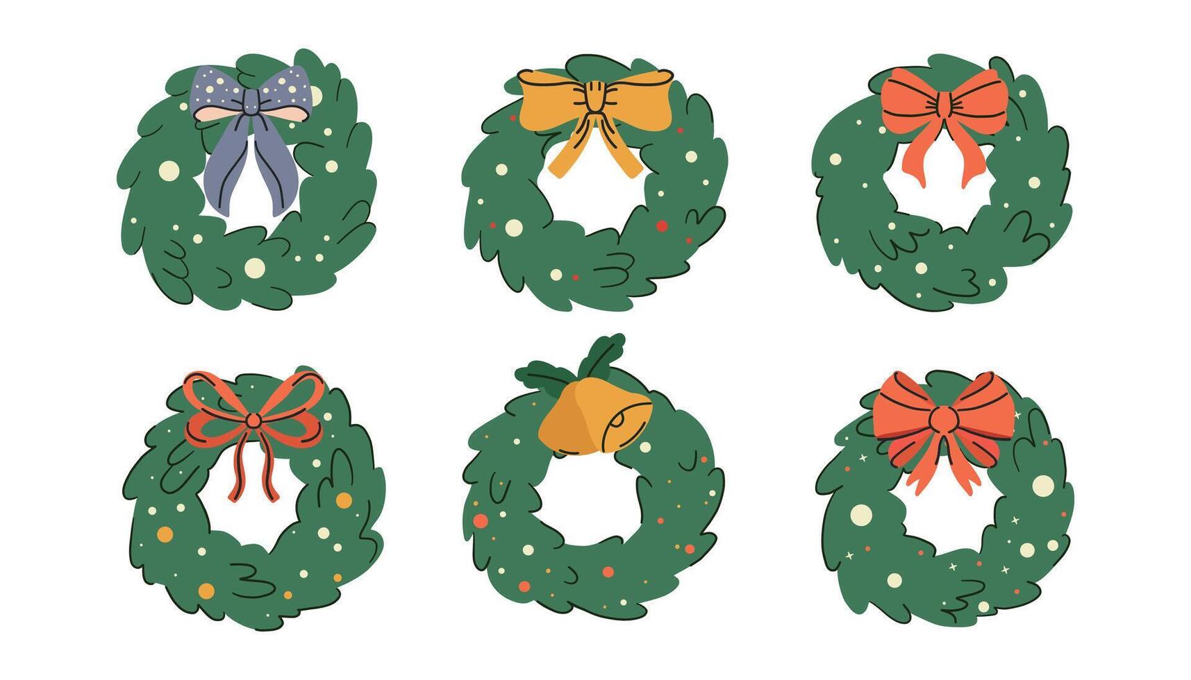 Set of christmas wreaths with bows. Collection for Invitation or Greeting Card. Flat Illustration vector