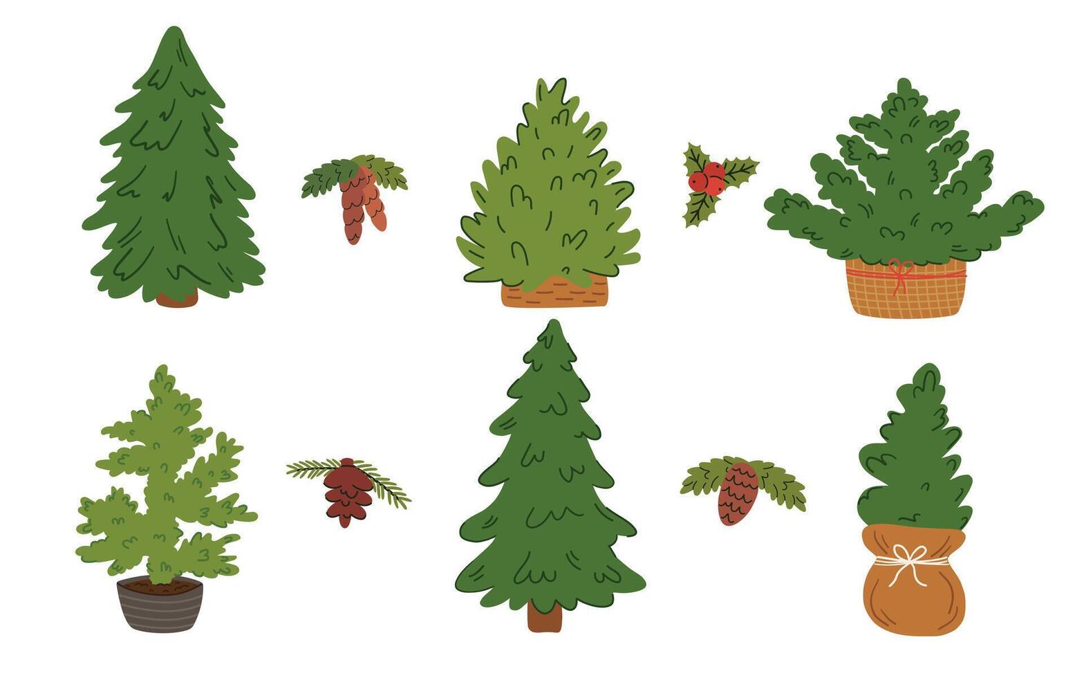 Set of Christmas trees in pots on a white background. illustration. vector