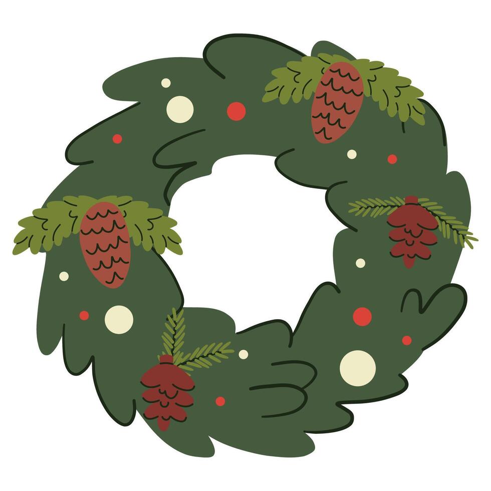 Christmas wreath with fir branches and pine cones. illustration. vector