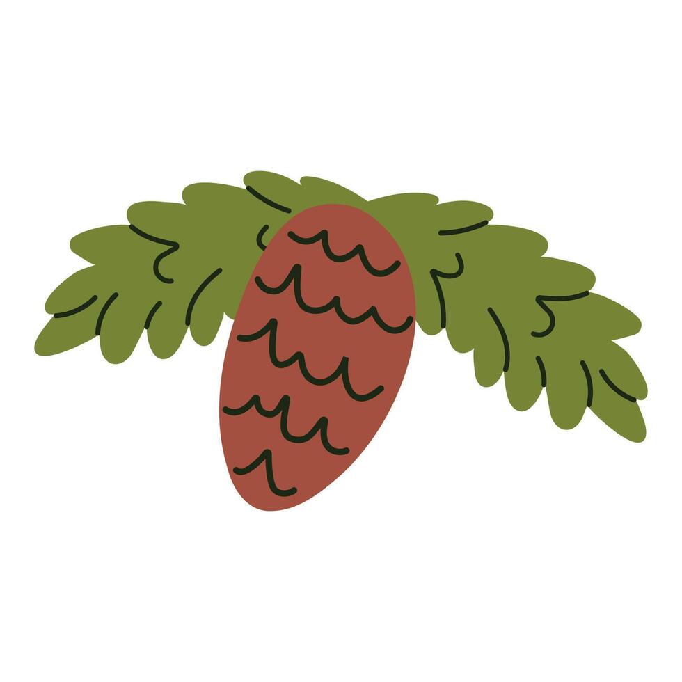 Hand drawn illustration of a pine twig with cones. Spruce branch, fir tree. Flat in color doodle style. vector