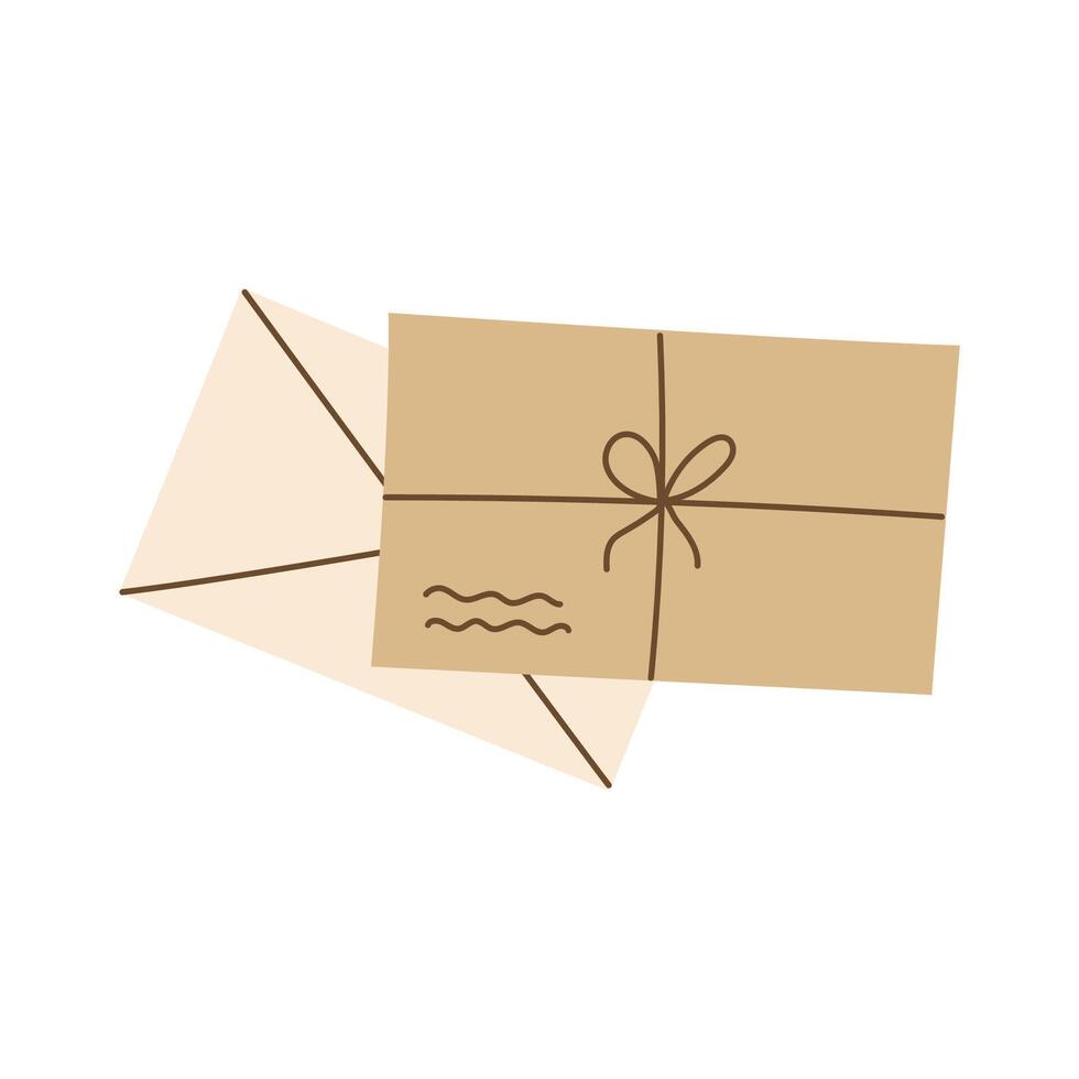 Envelope with a bow. Paper letter in brown Kraft envelope. Flat illustration isolated on white background vector