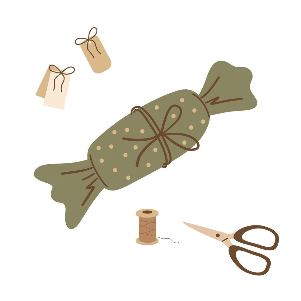 Candy, scissors, thread, package. Gift Wrapping. Preparing for the holiday. Gift box. Hand drawn illustration. vector