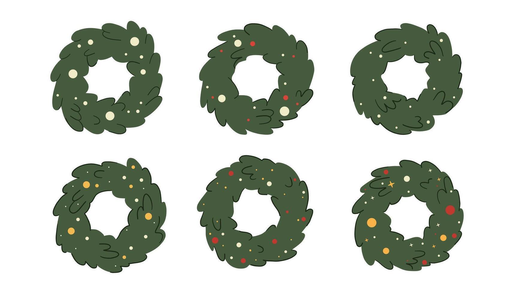 Set of Christmas wreaths and fir branches. Christmas decoration for door. Flat illustration. vector