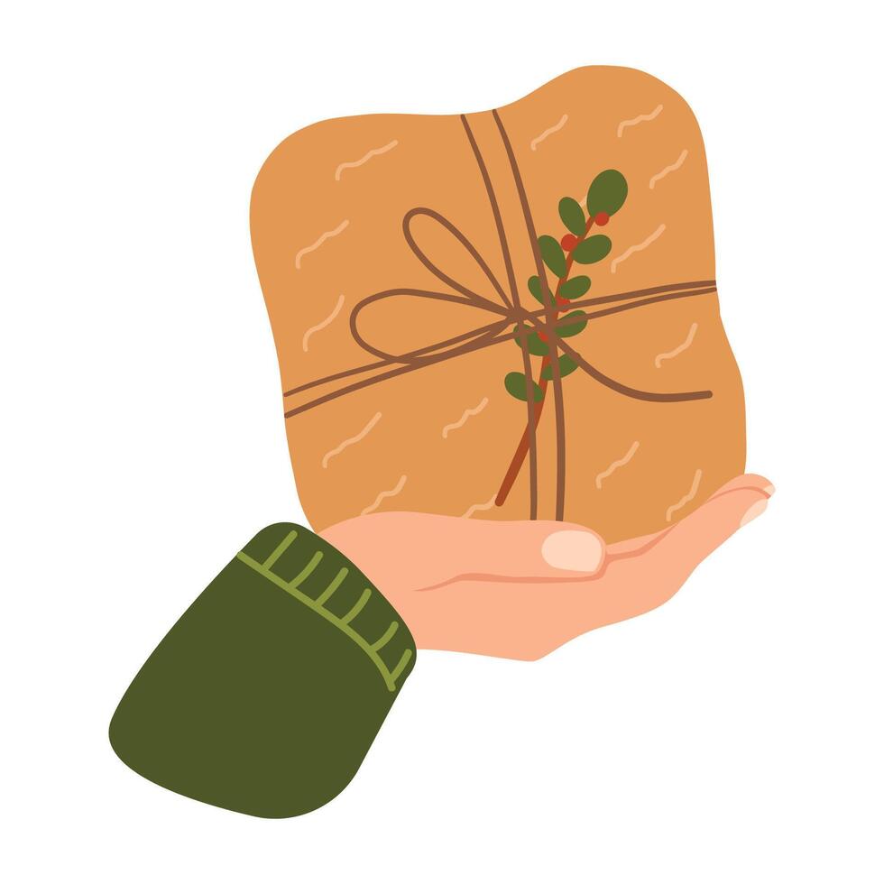 Gift box in hand. illustration in flat cartoon style. vector