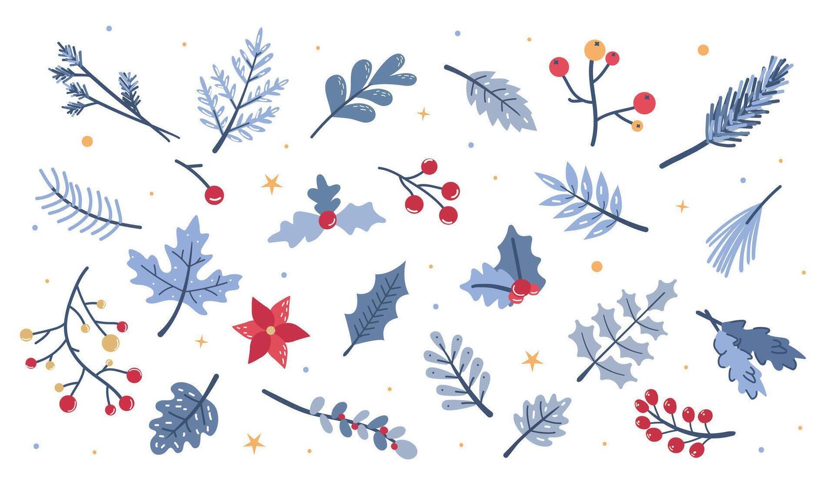 Christmas and New Year hand drawn doodle set with holly, mistletoe, fir branches, berries, snowflakes, Set of hand drawn winter plants. illustration in flat style. vector
