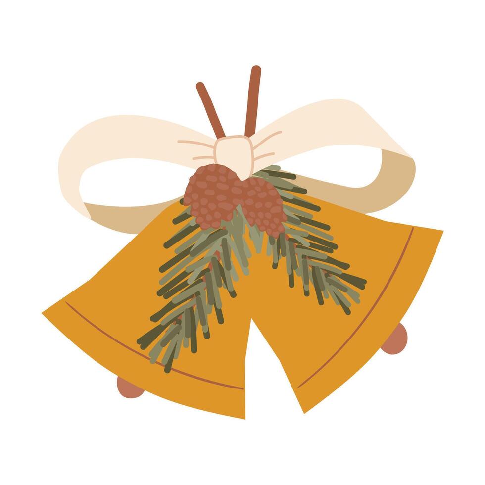 Two golden christmas bells ringing with bow and pine branches. illustration graphic design vector