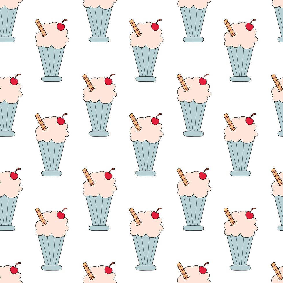 Seamless Pattern. Milkshake in glass with cherry and waffle tube. flat illustration. vector