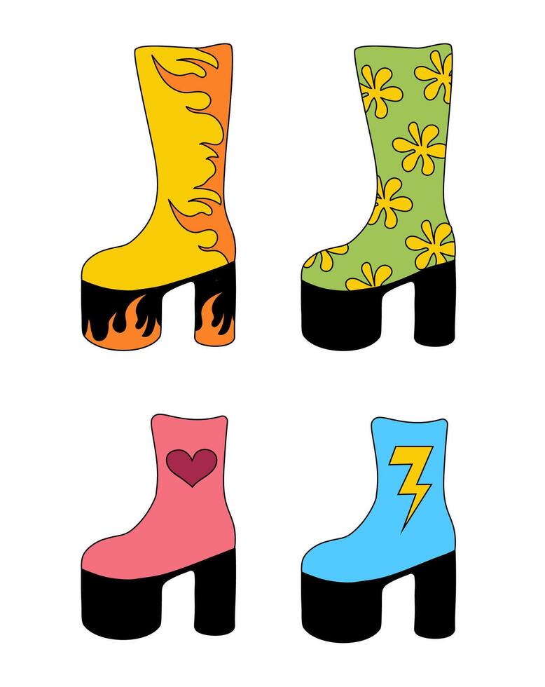 Set of trendy 1980 retro disco boots. Collection vintage shoes different design. illustration. vector