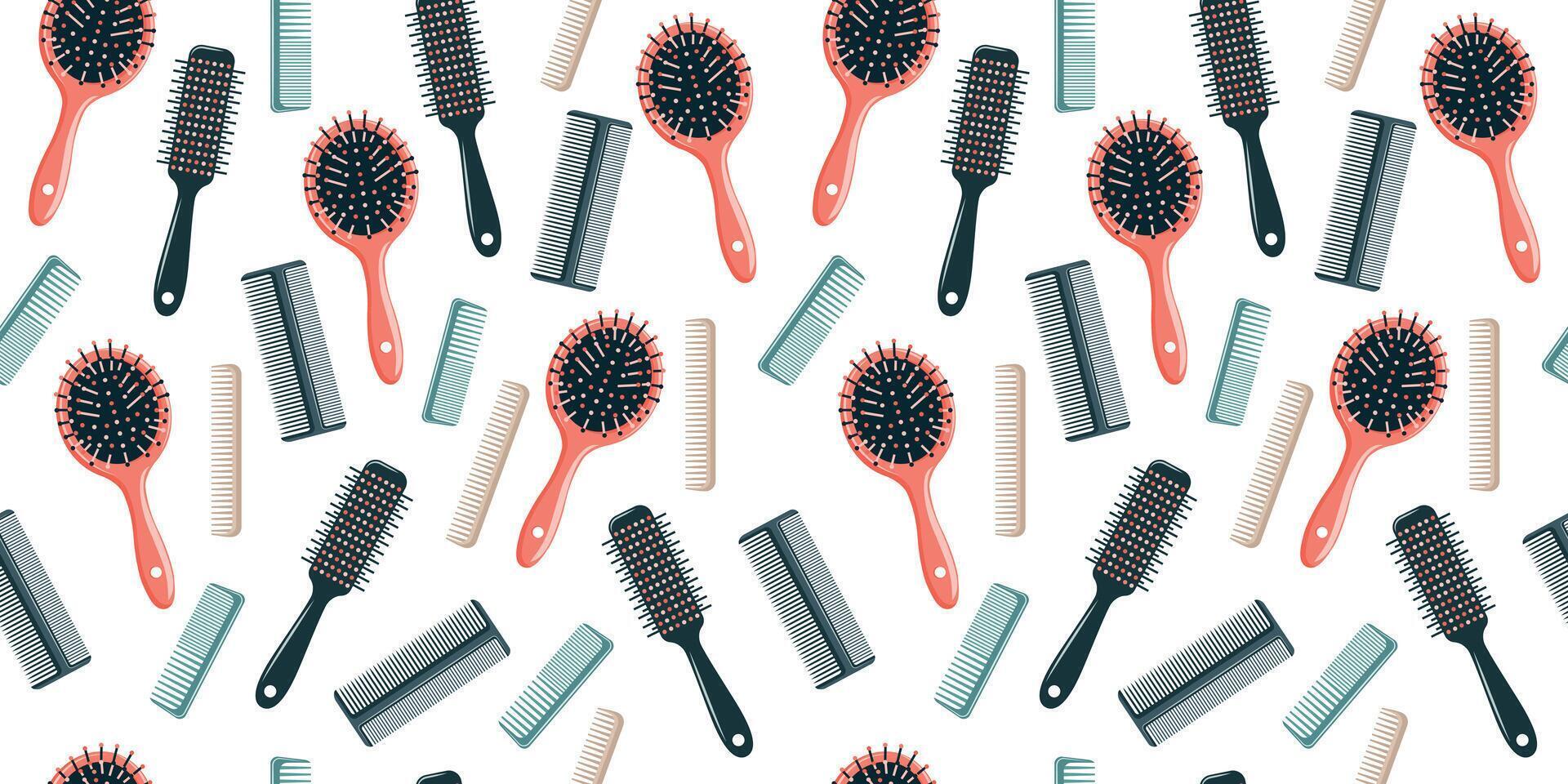 Seamless pattern with colorful combs and hair brushes on a light background. vector