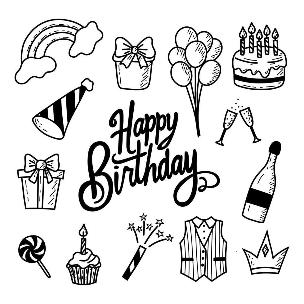 set of elements on the theme of birthday. Doodle style. Handwritten inscription Happy Birthday. Black on white. vector