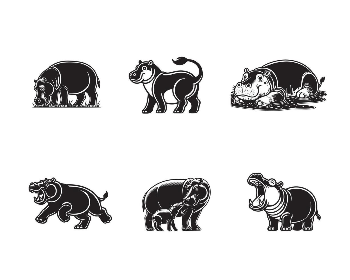 Set Hippopotamus Silhouette design, Hippopotamus illustration in black and white vector