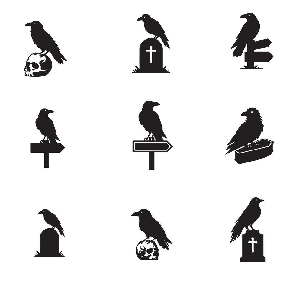 Set of Raven Bird silhouette Design - Common Raven illustration vector