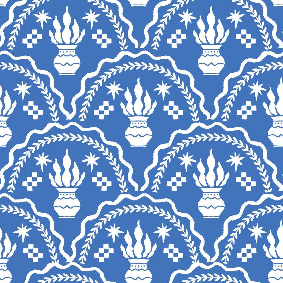 Blue Ornamental Vase Seamless Pattern vector