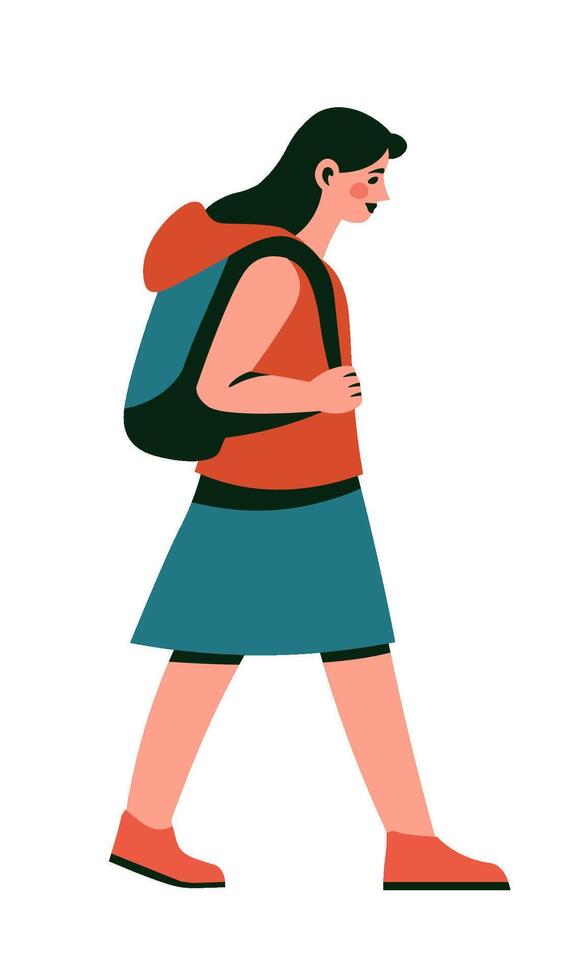 hembra caminante con mochila caminando ilustración vector