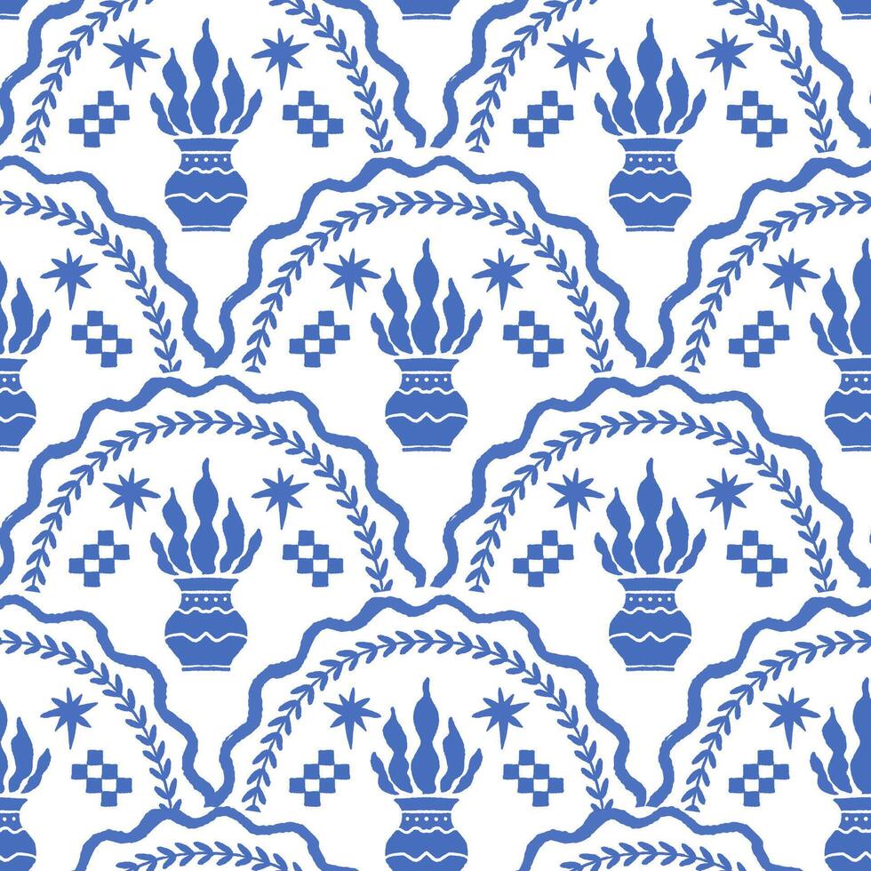 Blue Ornamental Vase Seamless Pattern vector