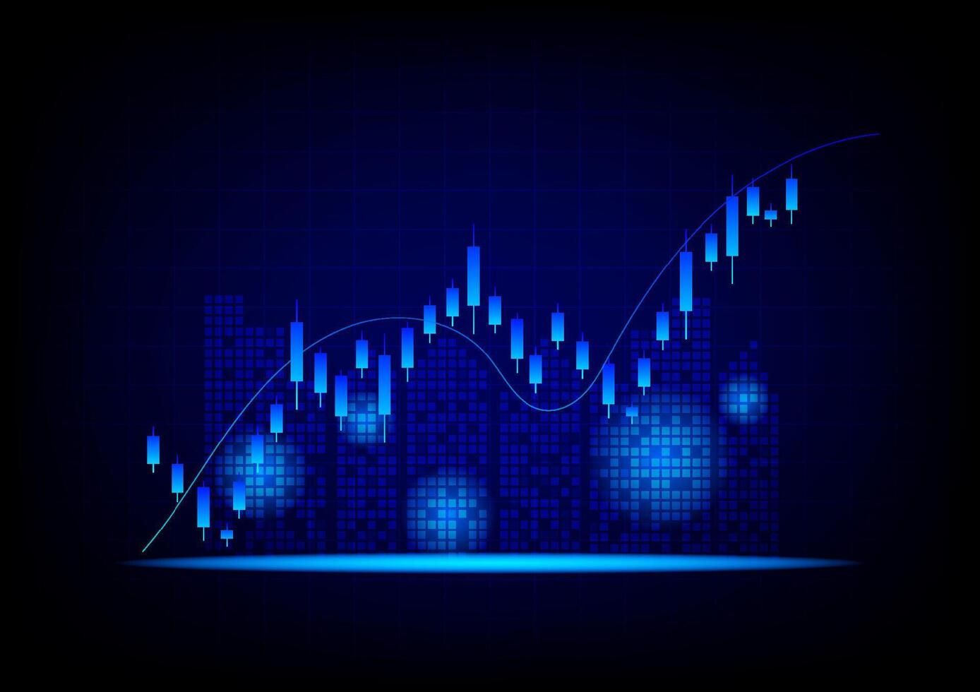 Real estate investment concept. The glowing and neon light of the building with an upper arrow graph, and candlestick on a dark blue background. Property growth and profit for the future. vector
