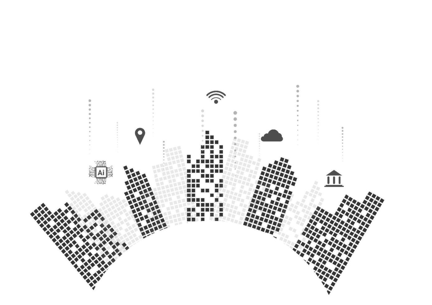 Smart city concept. The black building with icons of technology on a white background. Metaverse and futuristic city and innovation. vector