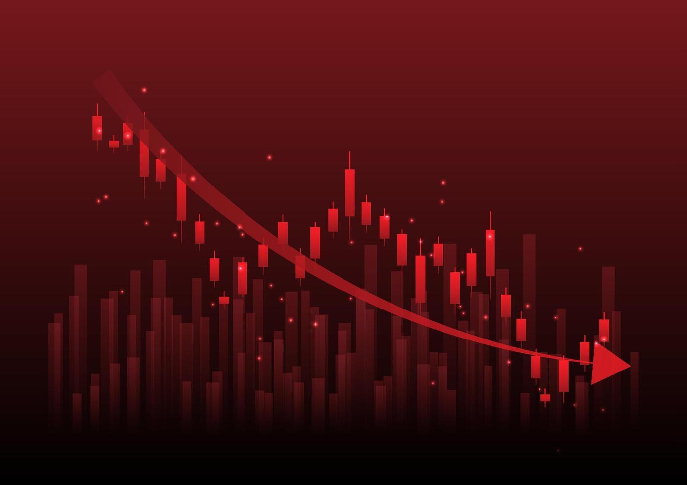 Economic critical crisis concept. The lower line graph and shiny on red background. Recession financial, cryptocurrency, gold, and the stock market. Losing money and cash. Bearish. vector