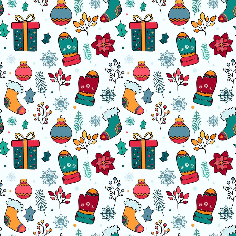 Christmas seamless pattern with decorative elements. Santa Stocking, mitten, gift box, berries, poinsettia, snowflakes for textile, print, greeting cards vector