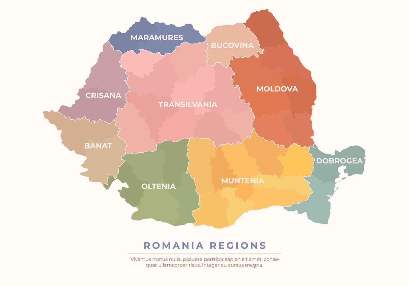 Colorful Romania map with outlined regions, regions names and counties, isolated on white background vector