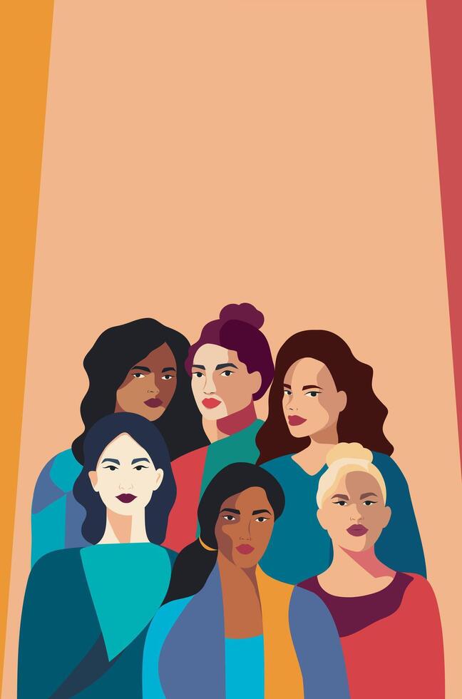 Women of different nationalities and religions stand together. vertical banner with space for text with International Women's Day. Movements for gender equality and women's empowerment vector