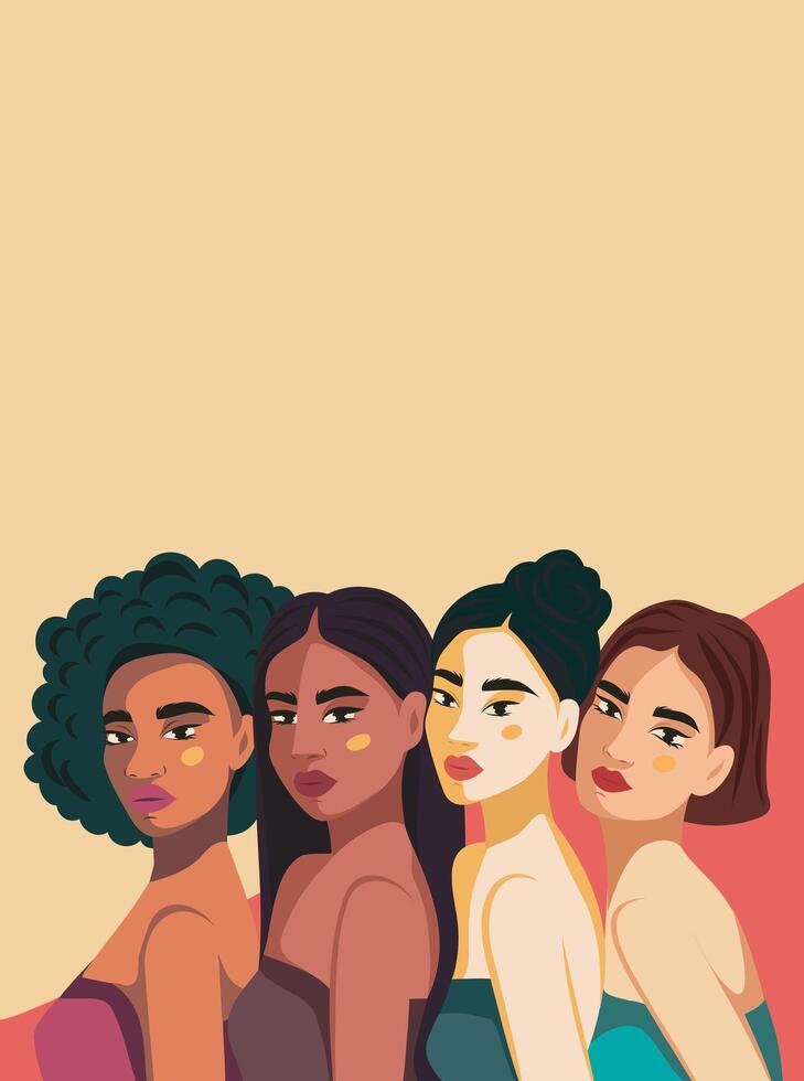 vertical flat modern illustration of four women of different nationalities and cultures. International Women's Day banner concept. Movement for gender equality and women's empowerment vector