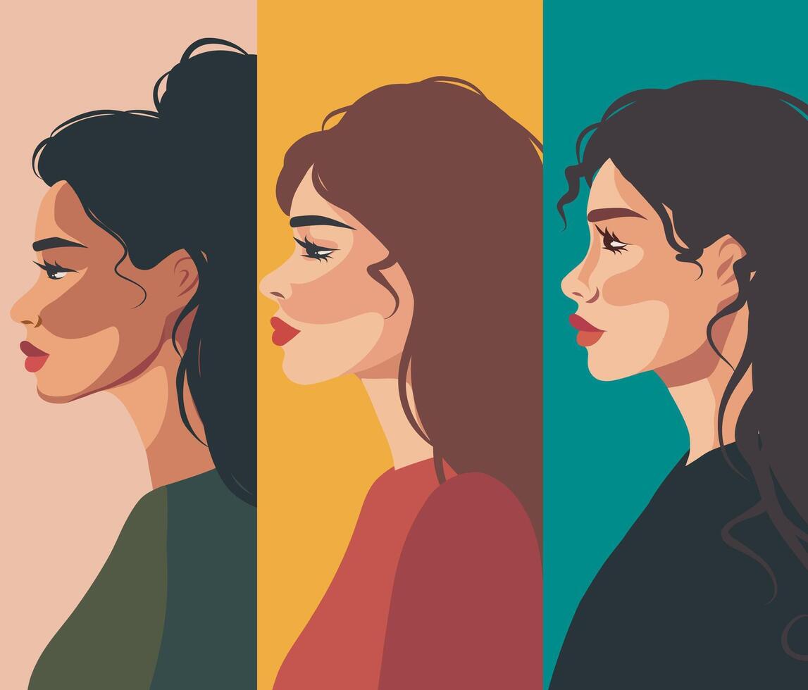 postcard illustration of multi-ethnic women standing sideways next to different cultures and nationalities. Concept of the movement for gender equality and women's empowerment vector