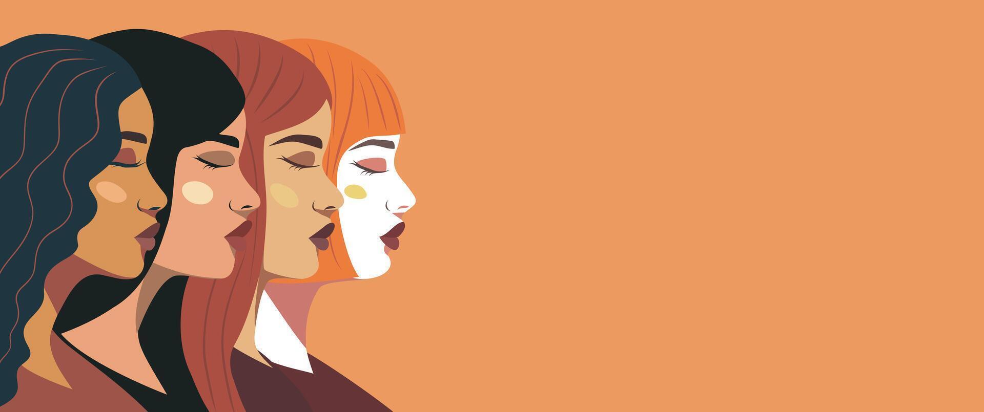 banner with place for text. Strong beautiful women of different cultures and nationalities. The concept of feminism, gender equality, protection of rights and freedoms, women's rights vector