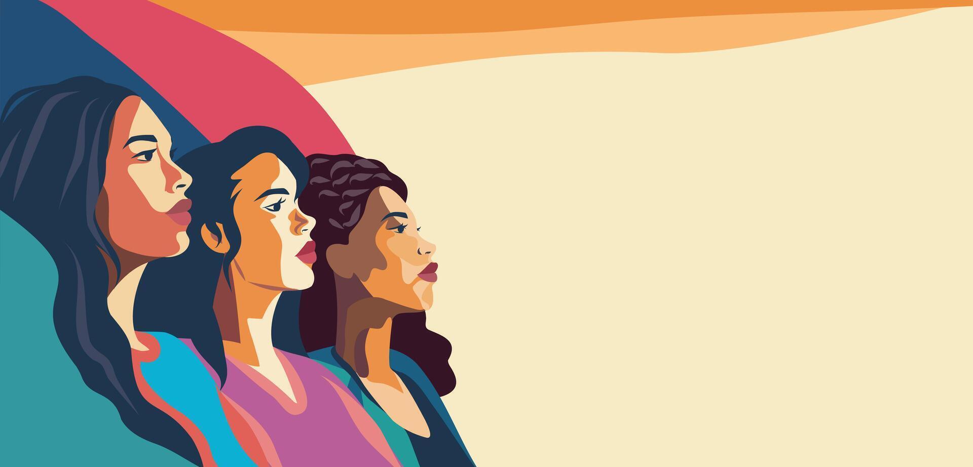 Women of different cultures and nationalities stand side by side. International Women's Day. Movements for gender equality and women's empowerment. illustration for advertising, website, banner vector