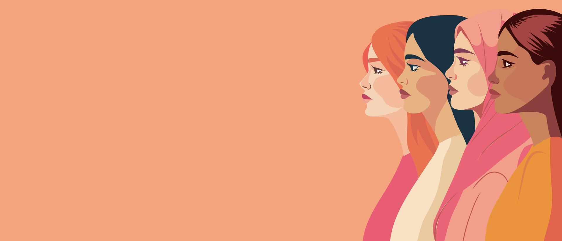 banner space for text. Strong women from different cultures stand shoulder to shoulder. concept of feminism, gender equality, women empowerment advocacy vector