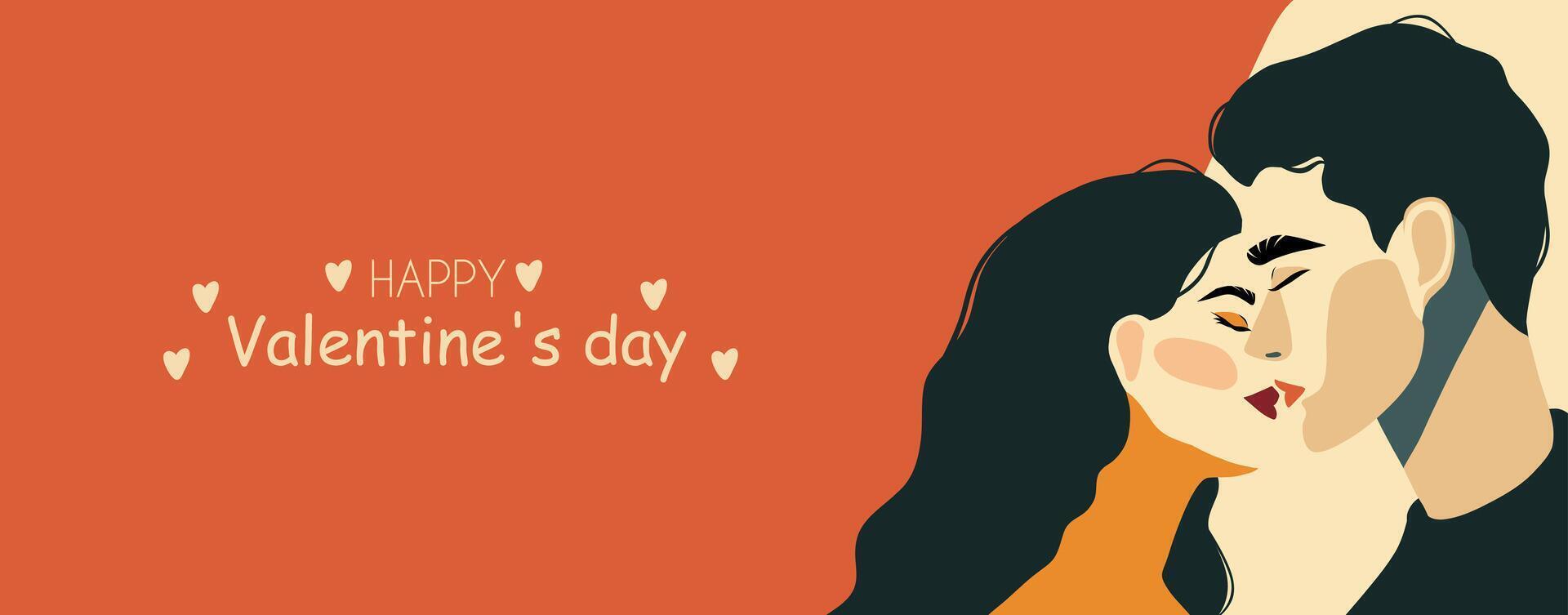 Postcard banner flat place for text romantic concept man and woman. Couple in love. Two lovers hug. Trendy illustration style minimalism holiday February 14, Valentine's Day vector