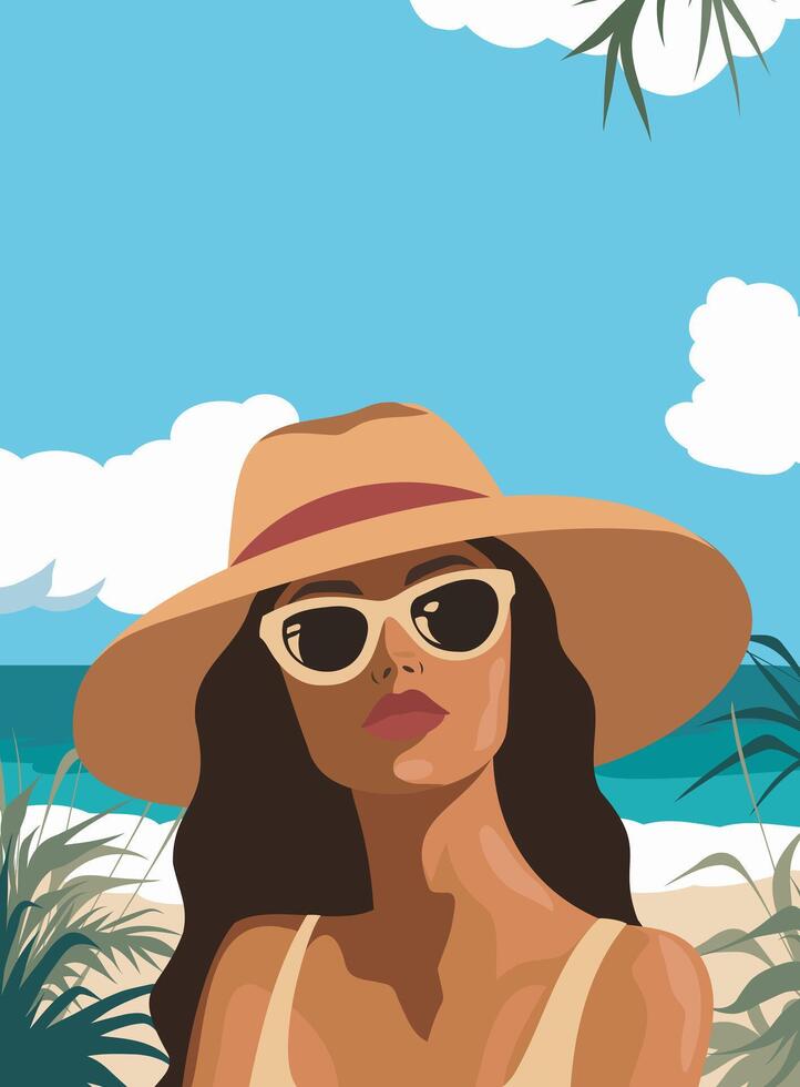 Woman on vacation on the beach. A girl in a hat and glasses. Banner with place for text, party, vacation and travel. Background on the theme of seasonal holidays, weekends vector