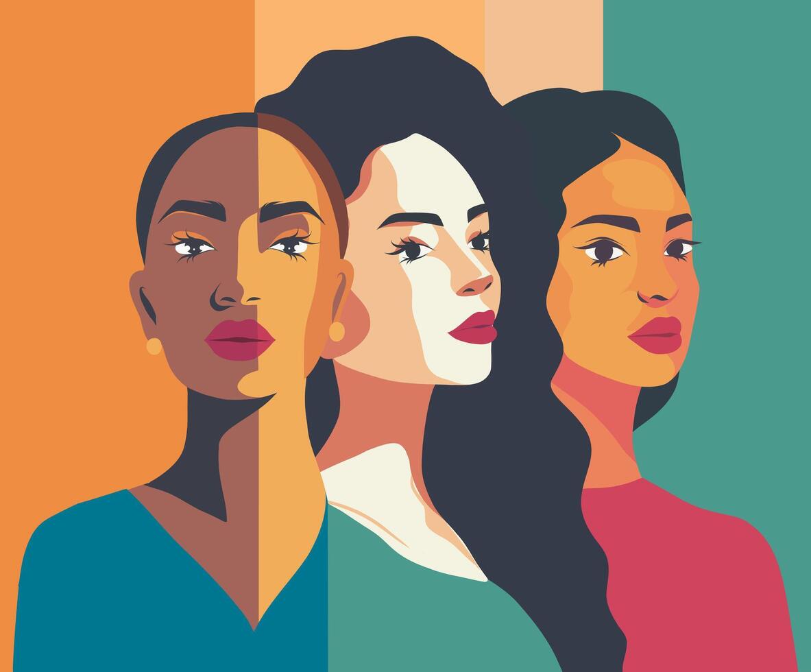 banner poster. Women of different cultures and nationalities stand side by side. concept of the movement for gender equality and protection of women's rights empowerment. vector