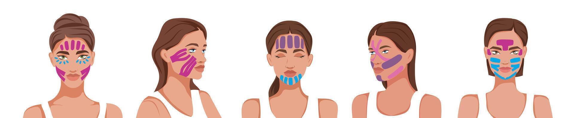 Women with tapes on their faces. Facial tapes, face lift. Various tape application schemes using kinesiological techniques. template for advertising, website, banner, posters, cover. vector