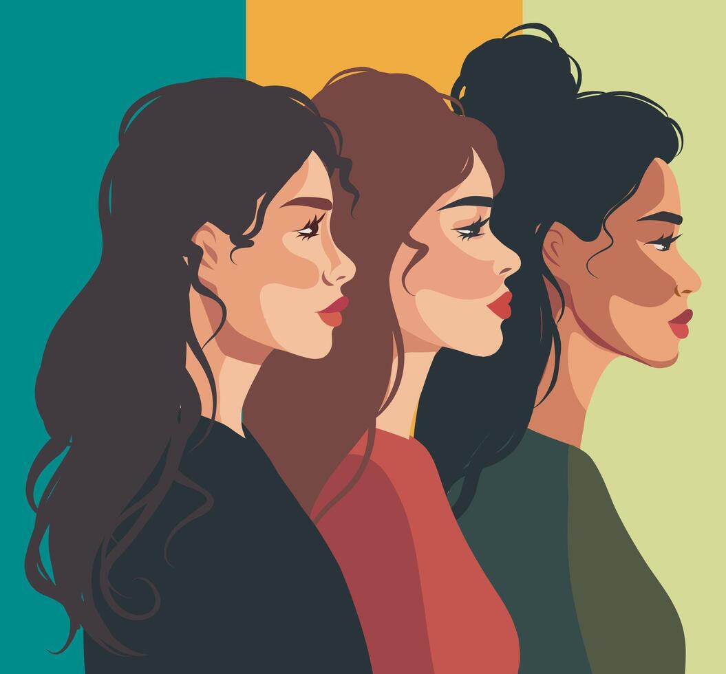 Multiethnic women banner. women stand sideways next to different cultures and nationalities. concept of movement for gender equality and women's empowerment vector