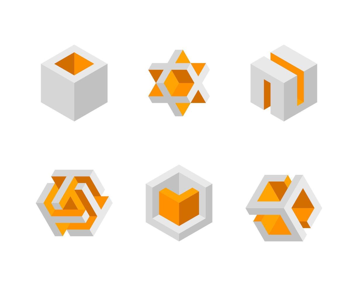 Cube logo, geometric design. Box logotype company, trendy tech emblem in pixel style. vector
