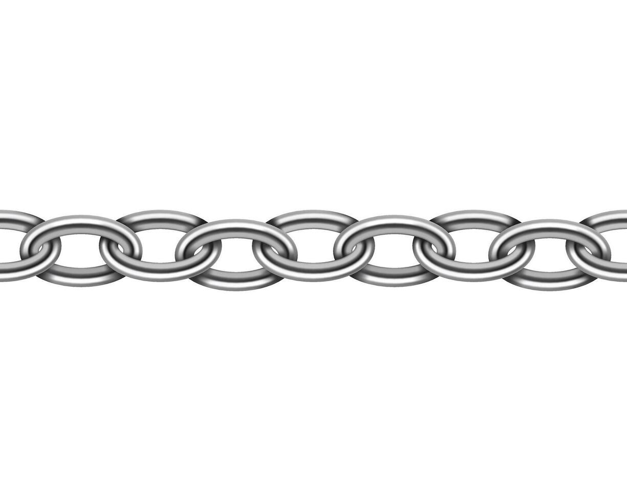 Realistic metal chain seamless texture. Silver color chains link isolated on white background. Strong iron chainlet solid three dimensional design element. vector